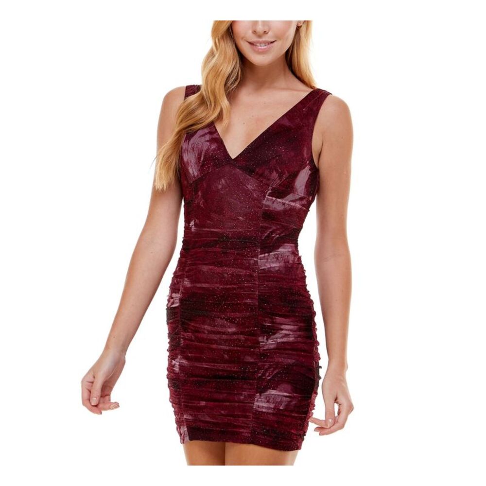 CITY STUDIO Womens Glittered Mesh Sleeveless V Neck Mini Cocktail Sheath Dress